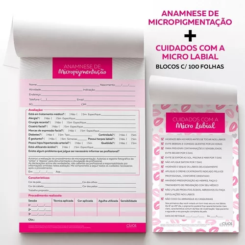 Ficha Anamnese Micropigmentação + Cuidados Cliente - 100 Folhas - ROSA.  Aproveite as melhores ofertas em produtos para Estética , Saúde , Beleza  Clique agora!