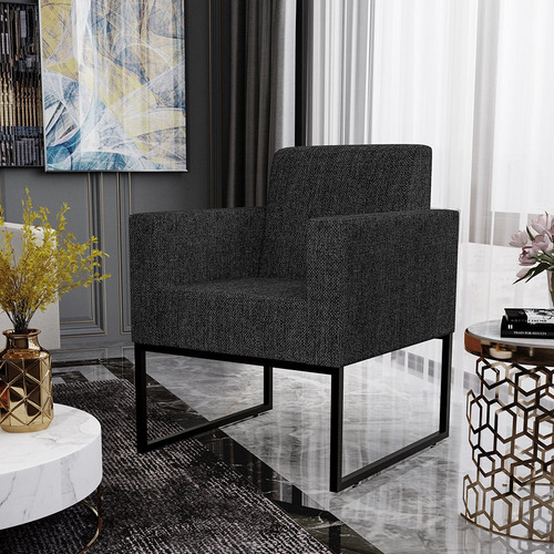 Kit 03 Poltronas Decorativas para Sala Recepção Base Fixa Metal Helô L02 Linho Chumbo