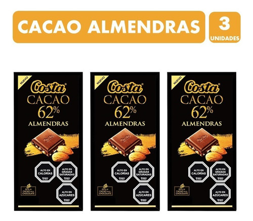 Chocolate Cacao 62% Almendras, De Costa - Pack De 3 Unidades