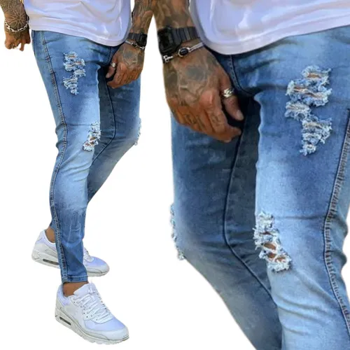 Jeans Masculino Elegante Jeans Rasgados Calças Skinny Retas Calças Denim  Desfiadas Moda Jeans Skinny Roupas Pantalones Hombre 230803 De $144,35