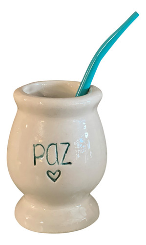 Mate De Cerámica Artesanal Criollo Con Frases Y Bombilla Beige Paz