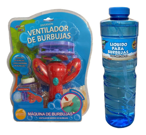 Juguete Maquina Burbujas, Ventilador Niño + Botella Líquido