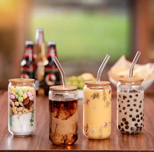 Nuevo Pack De 4vasos De Vidrio Con Tapa De Bambú +bombilla