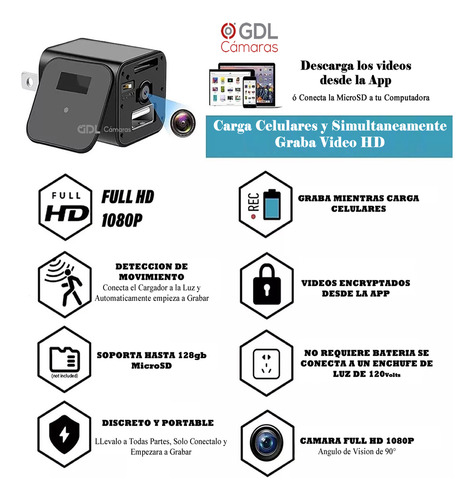 Camara Espia Wifi Cargador Inalambrica 64 Gb Video 24hr