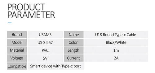 Cabo Usb Usams Usb Tipo C Pra Tipo C Máx 2a 1metro Preto