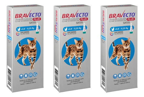 Combo 3 Bravecto Plus Gatos Transdermal 2,8 A 6,25kg 250mg