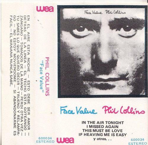 1981 Phil Collins Face Value Cassete Uruguay Spanish Titles 