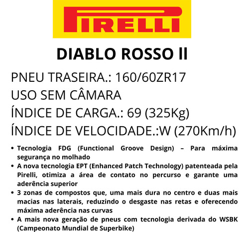 Pneu 160/60zr17 Tras Pirelli Diablo Rosso Ii Uso Sem Câmara