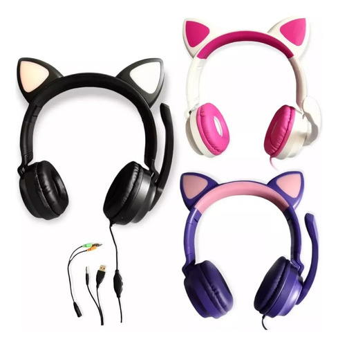 3x2 Audífonos Gamer Con Luz Led Gatito Diadema Headphones Color Ab Luz Ab