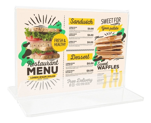 Imagen 2 de 4 de Porta Menu Acrilico Doble Vista Restaurantes Horizontal