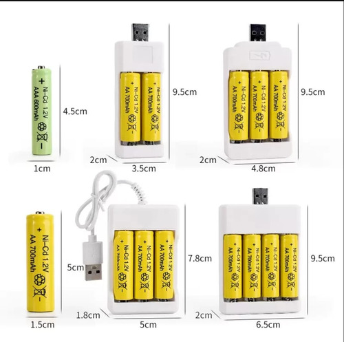 Kit De 4 Pilas Recargable Aa + 1 Cargador Usb Para 4 Pilas