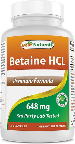 Best Naturals Suplemento Dietético Betaine Hcl 250 Capsulas Sabor Sin Sabor