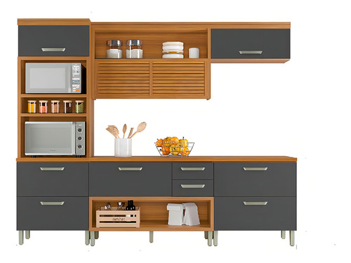 Cozinha Modulada 4 Peças Ripado Torre Quente Princesa Mdf Cor Freijo com Grafite
