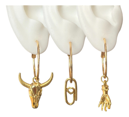 Set De Tres Arracadas Aretes Figuras Moda Chapa De Oro 