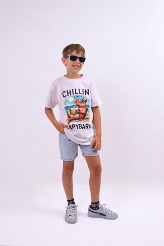 Remera M/ Corta Capibara Chill.algodón Peinado.nena Y Nene