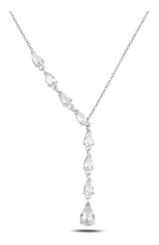 Dije De Plata Estambul Joya Sterling Silver 8 Gotas Con Zircon , Azabache Y Diseño De Gotas - 50cm De Largo Blanco Plata