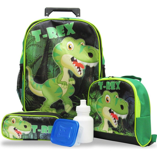 Kit Escolar Infantil Mochila Dinossauro Rodinhas T Rex Tam G