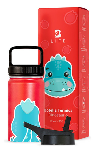 Termo De Agua Para Niños 355 Ml. Con Popote Y Asa. B Life Dinosaurio