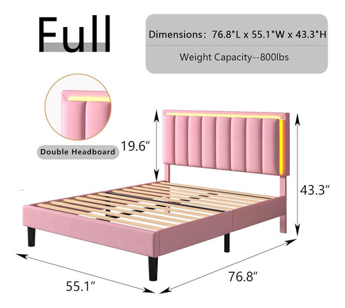 Bed Frame Matrimonial Color Rosa C/cabecera Con Luz Led