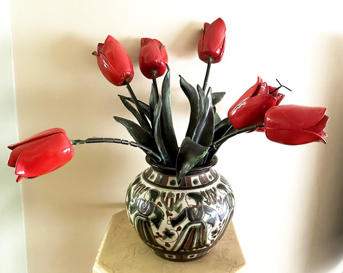 Jarron Maceta Florero Con Flores Tulipanes Ceramica Hermosa