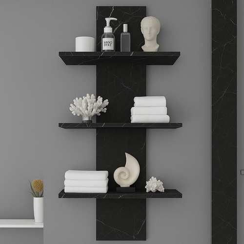 Repisa Decorativa De Baño Moderna Con Estantes Color Nogal Mármol Negro