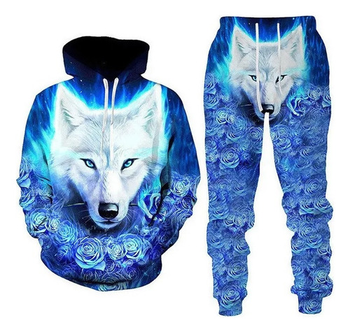 Conjunto Sudadera Capucha Hombre Estampado Lobo 3d Casual