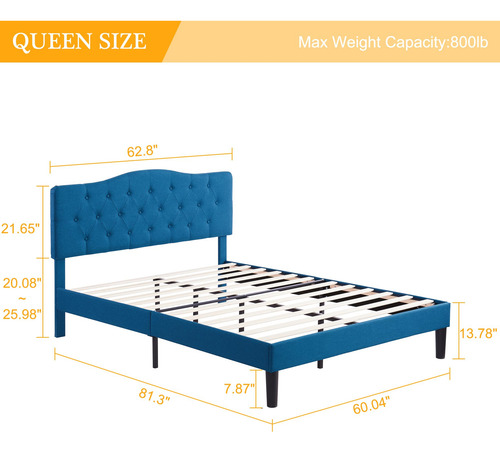 Base De Cama Queen Tapizada Con Cabecera Ajustable Y Listone
