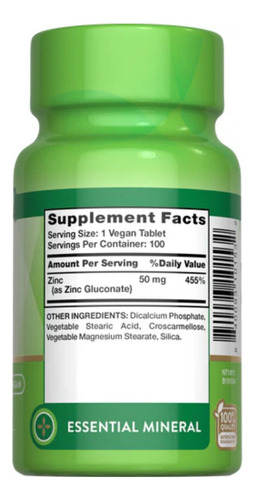 Nature's Truth Suplemento de Gluconato de Zinc Pote con 100 tabletas 50 mg por cada tableta para 3 meses Sabor Neutro