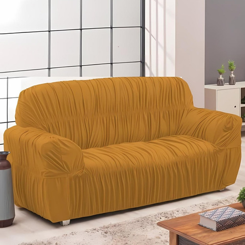 Capa De Sofá Três Lugares Elasticada De Malha Resistente Cor Mostarda