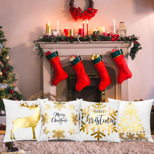 Fundas De Cojín Onway Christmas, Color Dorado Y Blanco, 45 X