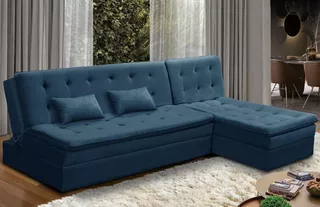 Sofá Cama King 5 Lugares 2,70m Alice Suede Cor Azul