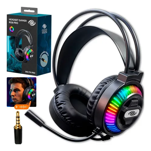 Fone De Ouvido Gamer Headset 50mm Com Fio Over-ear Com Microfone Para Jogos Luz Led Rgb Ps4 Pc Xbox One Series S/x Entrada P2/P3 Cor Preto - Goodvision