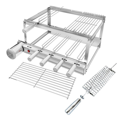 Gira Grill Churrasqueira Inox 5 Espetos + 3 Grelhas + Brinde