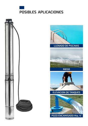 Imagen 5 de 10 de Bomba Sumergible Pozo 1,5 Hp 6500 L/h Napa 4 Pulgadas Cable