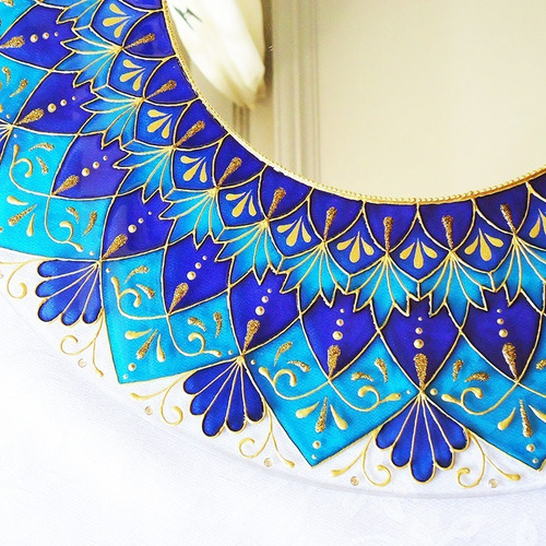 Mandala Azul E Dourada Em Vidro De 50cm E Espelho De 24cm
