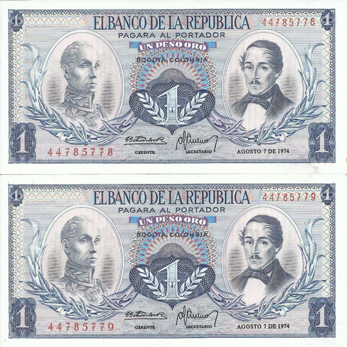 Colombia Dúo Números  Consecutivos, 1 Peso 7 Agosto 1974