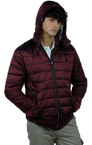 Campera Inflada Hombre Con Capucha Desmontable Bordó