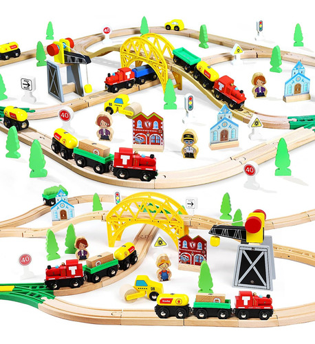 Toy Life Juego De Trenes De Madera Con Grúa Vías De Tren De 