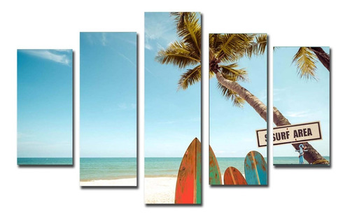 Cuadros Surf En 5 Partes Playa 150x100 Calidad Canvas