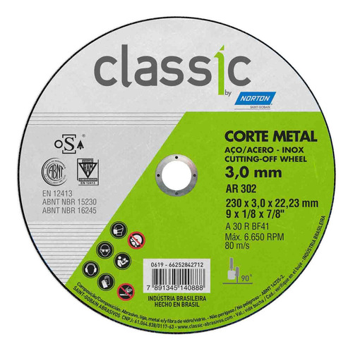 Disco Corte Inox E Metal Ar302 230x3,0x22,23 Classic Norton Cor Prateado