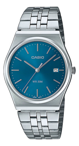 Reloj pulsera Casio MTP-B145D-2A2VDF con correa de acero inoxidable color plateado - fondo azul