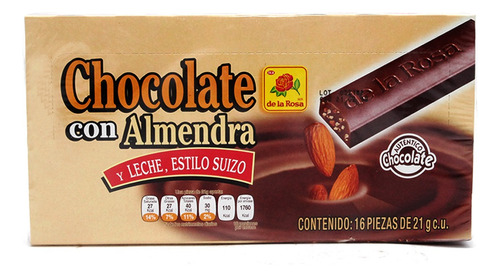 DE LA ROSA CHOCOLATE SUIZO ALMENDRA 16 PIEZAS De 21 GR