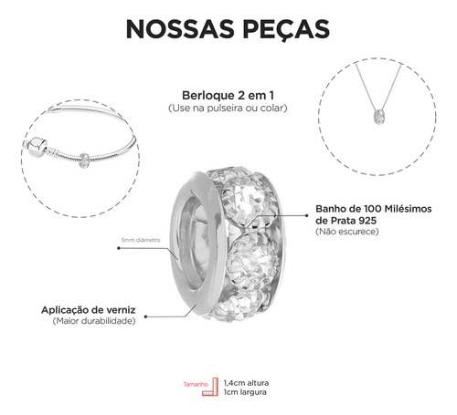 Kit 2 Berloques Separadores Strass Cristal Banhado Prata 925