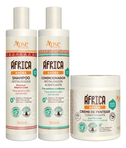 Shampoo + Condiconador + Creme De Pentear África Baobá 300ml