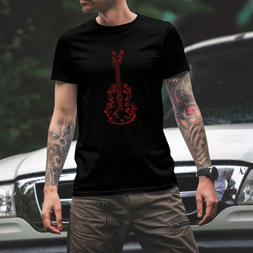 Imagen 4 de 5 de Remera Negra Guitarra Música Mujer Hombre Algodón Peinado
