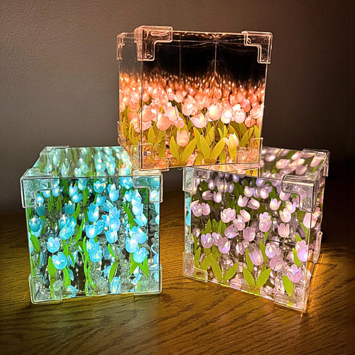 Lampara Premium Original Tulipanes Infinitos Cubo Led Espejo Lila
