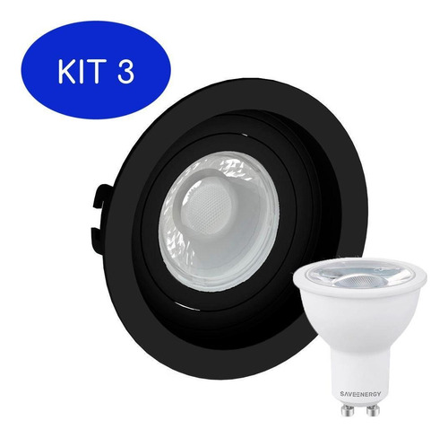 Kit 3 Spot Embutir Mr16 Preto+lâmpada Dicroica 4,8w 2700k