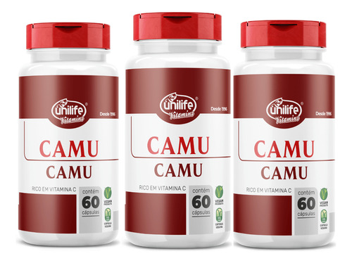 Kit 3 Camu Camu 500mg Vitamina C Unilife 60 Cápsulas Sabor Natural