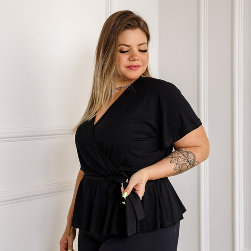 Blusa Feminina Transpassada Com Babado Manga Curta Plus Size