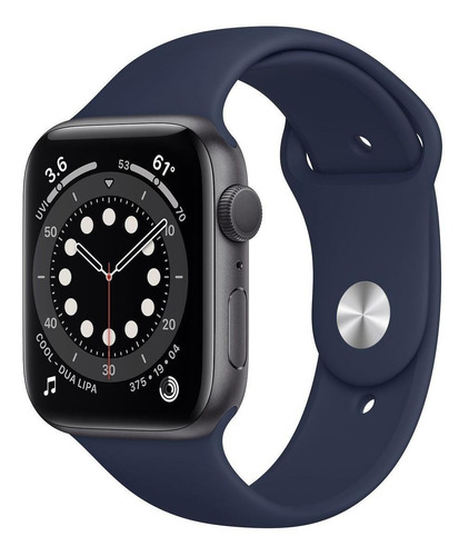 Imagem 1 de 4 de Apple Watch Series 6 (GPS) - Caixa de alumínio cinza-espacial de 44 mm - Pulseira esportiva marinho-escuro